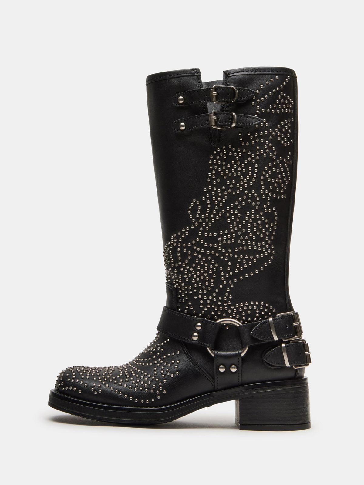 Taafo Black Square-Toe Studded Wide Mid Calf Cowgirl Boots With Buckles