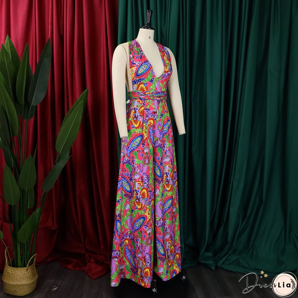 Plus Size Women African Print Halter Neck Beach Jumpsuit
