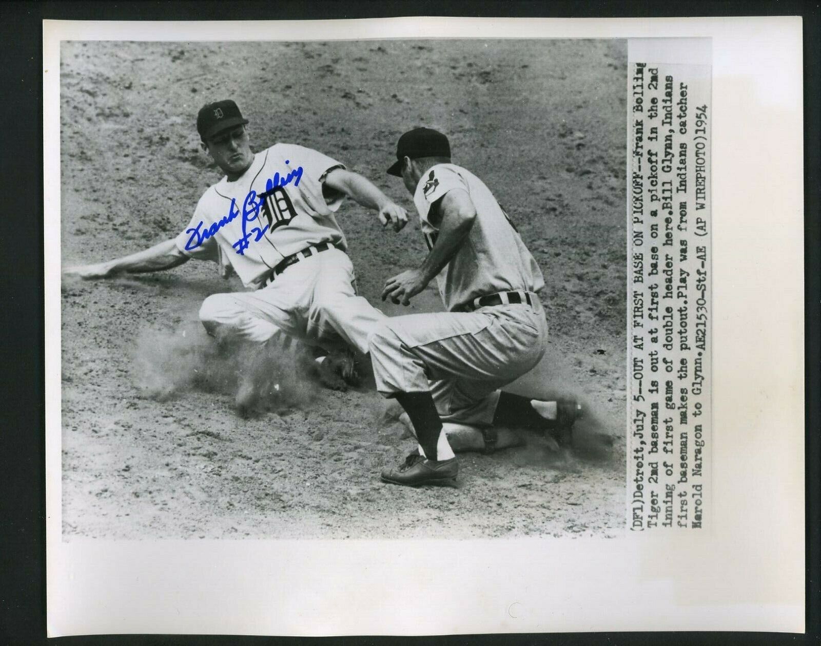 Frank Bolling SIGNED Autographed 1954 Press Photo Poster painting Tigers Bill Glynn Indians