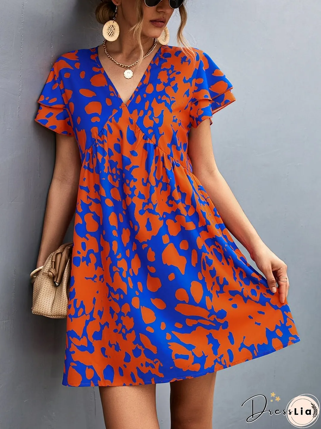 Ruffled Printed V-Neck Short Sleeve Mini Dress