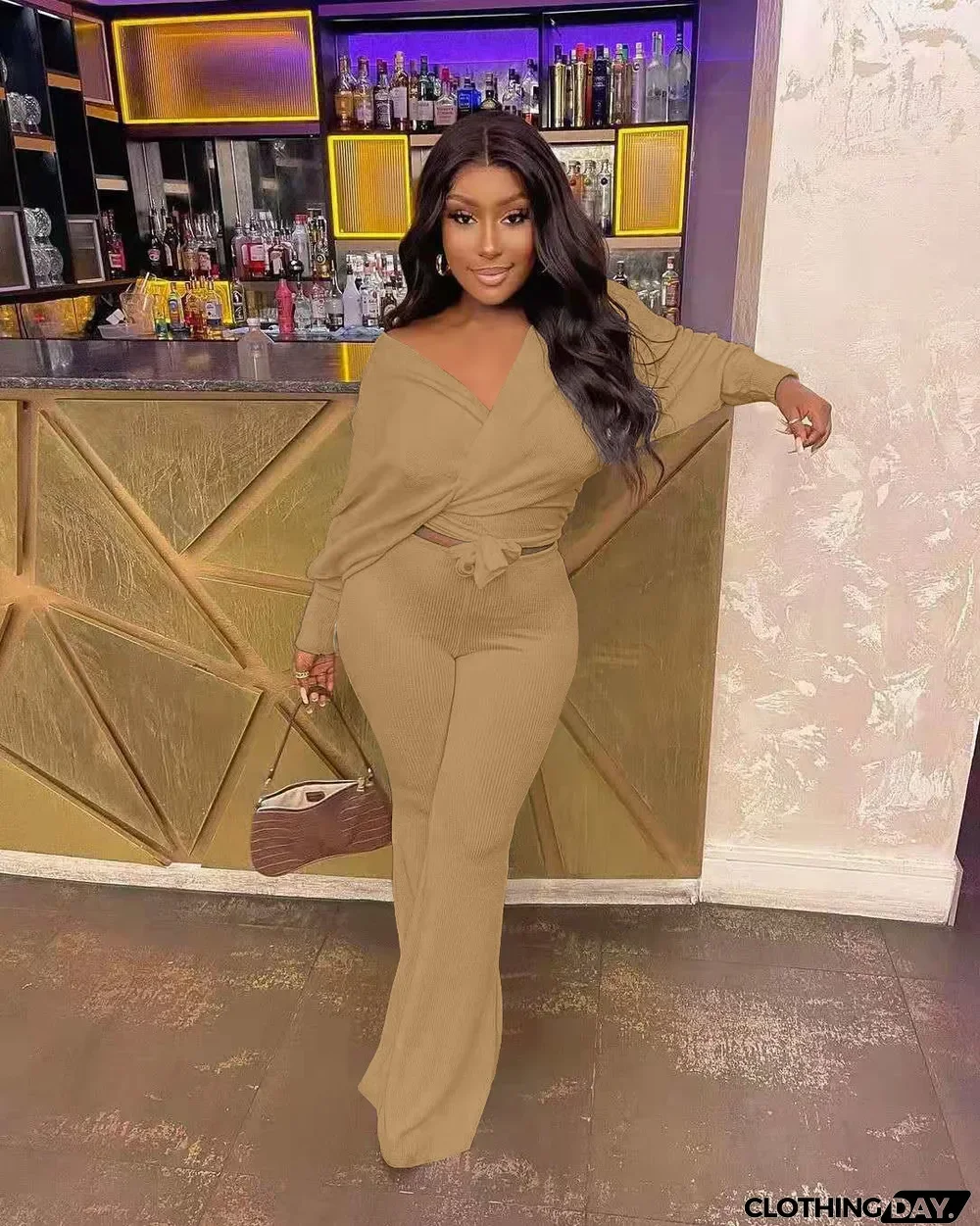 Fashionable Casual Solid Ribbed Loose-Cut Style Tie Bow Two Piece Set