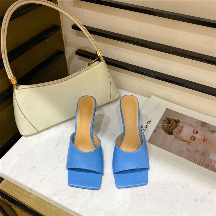 Eilyken 2021 Heels Fashion Soft Cozy PU Leather Peep Toe Shoe Womens Slippers Outdoor Designer Sandals Mule Femme Slides