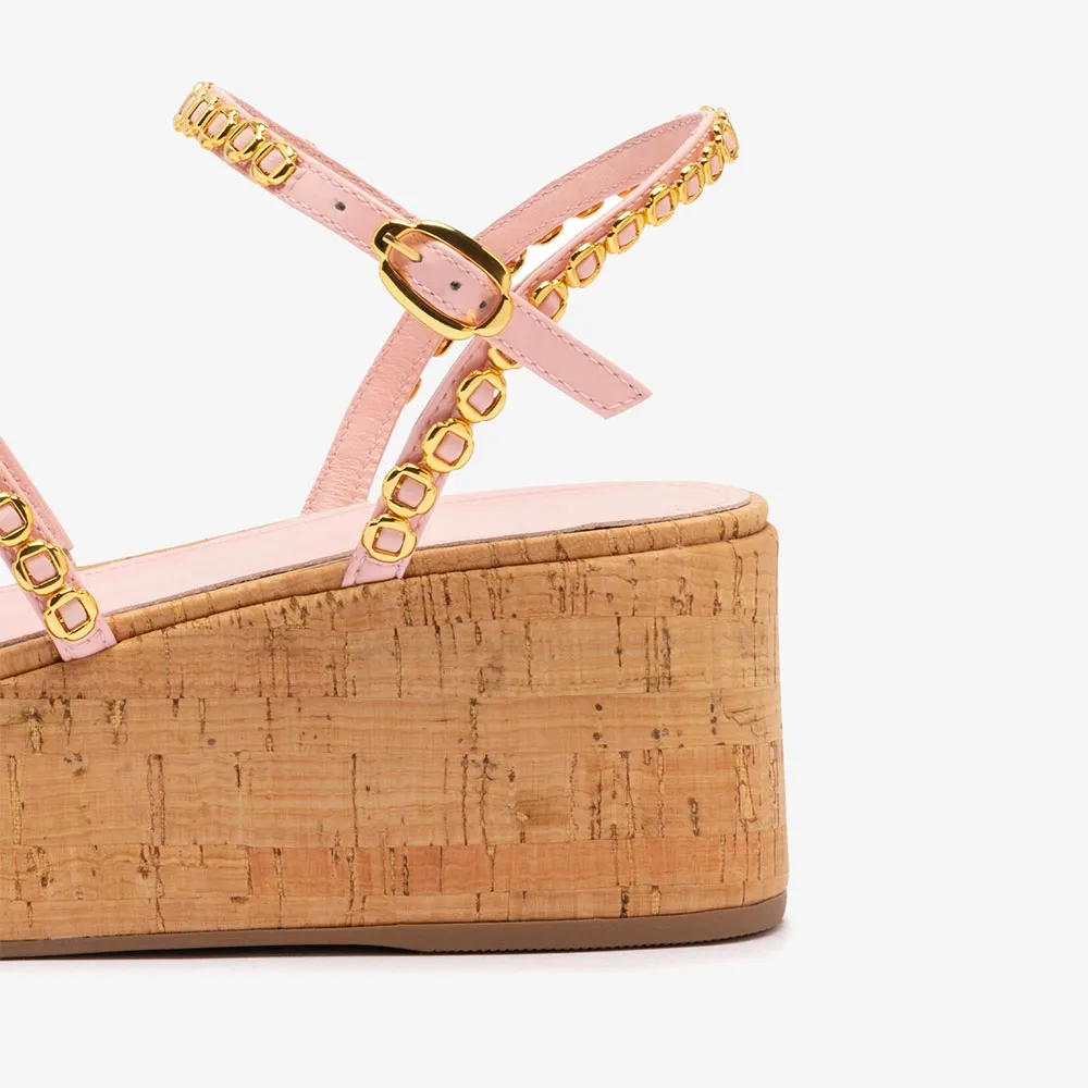 Open-Toe Gold Accent Platform Wedge Sandals for Women in Pink