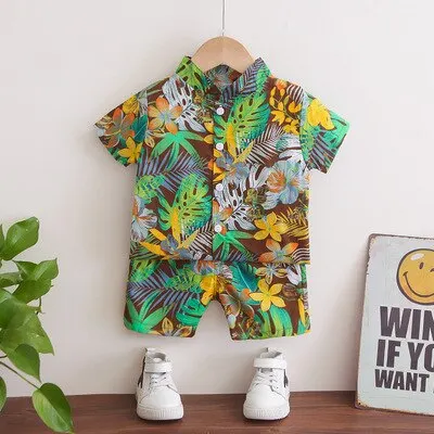 Boys/Girls Short-sleeved Shirt+Shorts Set 2021 Summer New Fashionable and Handsome 1-2-3-4-5 Years Old Kids Beach Vacation Suit