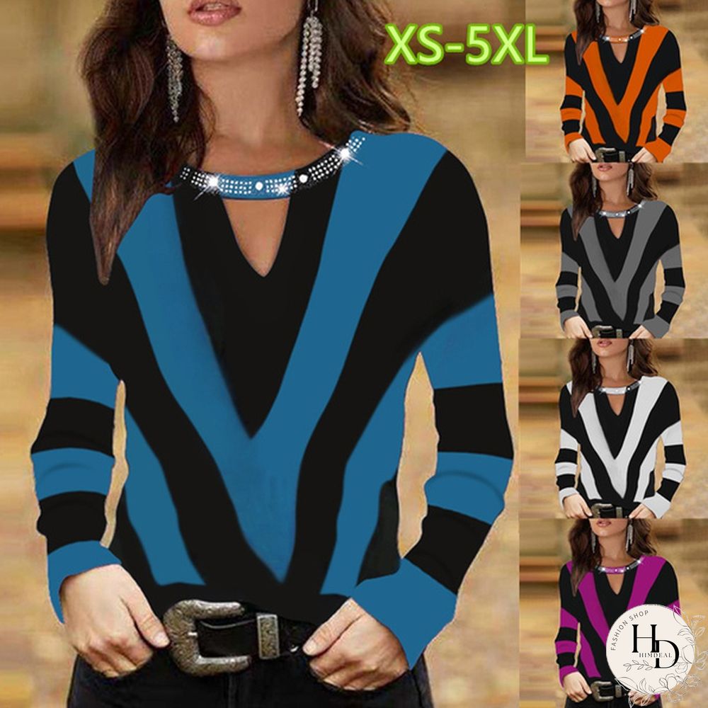 Womens T-Shirt-NEW Fashion Creative Geometric Pattern Printing Long Sleeve V-neck Casual