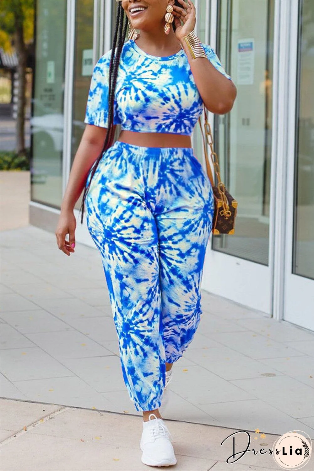 Fashion Casual Tie Dye Printing O Neck Short Sleeve Two Pieces