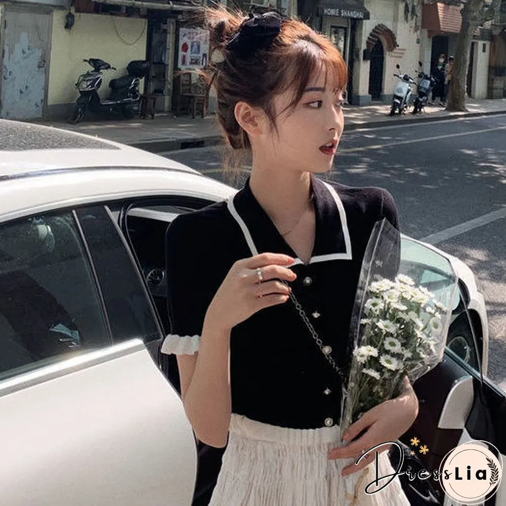 T-Shirt Women Retro Patchwork Lovely New Knitting Cropped Preppy Stylish Hot Sale Cozy