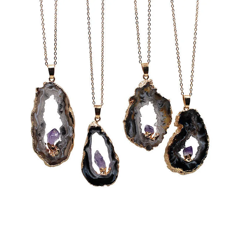 Olivenorma Natural Agate Geode Amethyst Necklace