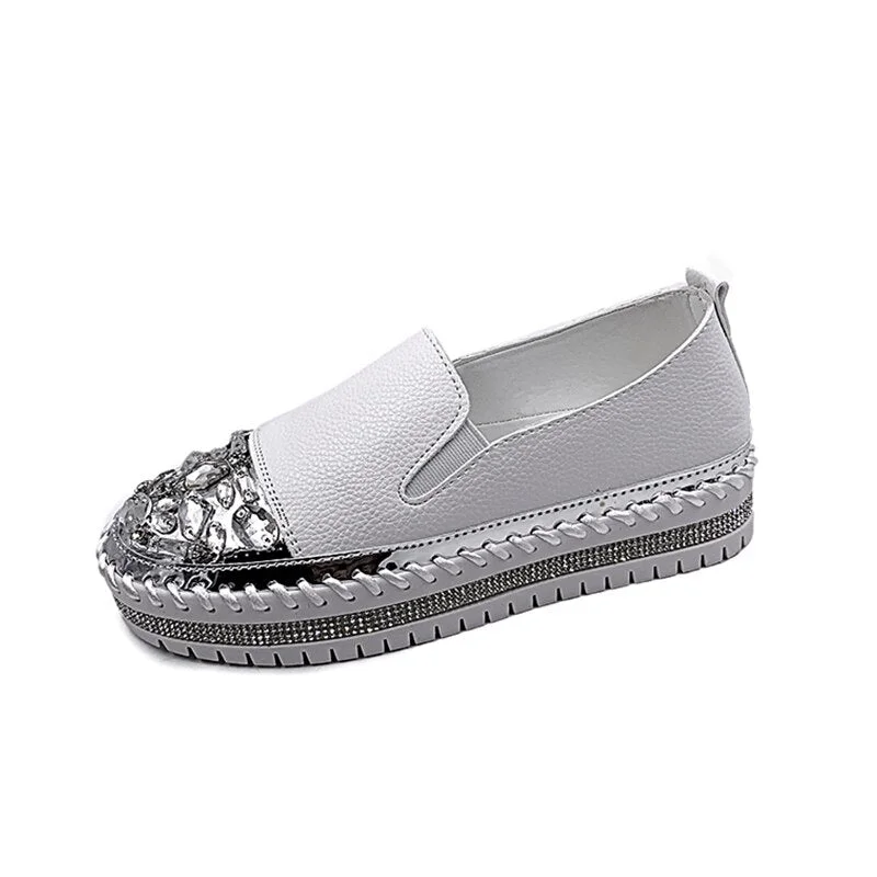 2022 New Silver Crystal Flat Shoes Woman Comfortable PU Leather White Casual Shoes Women Platform Slip On Loafers Bling