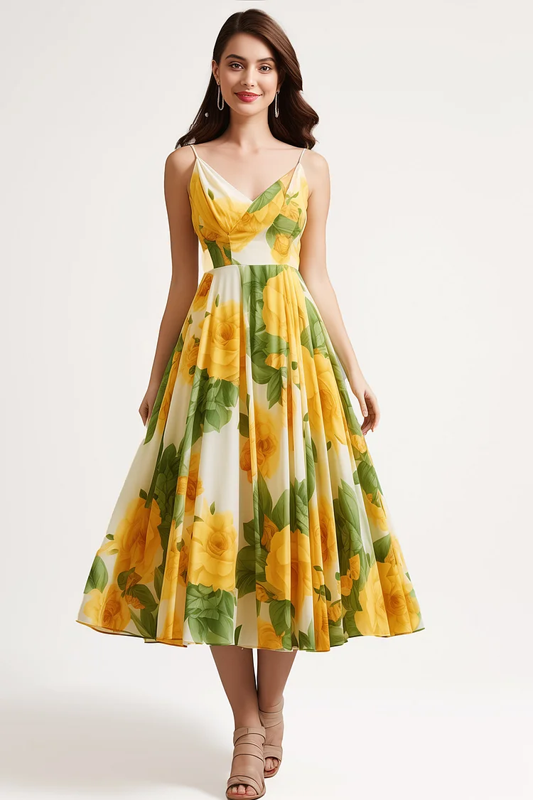Zaruci Everyday Yellow Chiffon Floral Print Sleeveless Tea-Length Dress [Pre-Order]