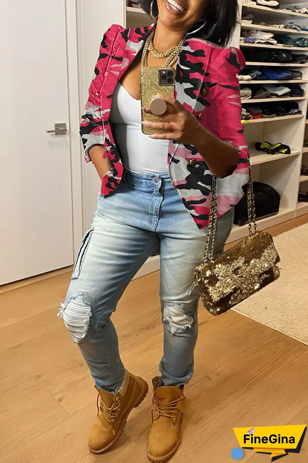 White Casual Print Patchwork Buttons Turn-back Collar Outerwear