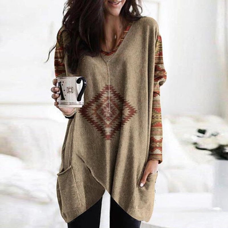 Vintage Print V-Neck Irregular Hem Tunic