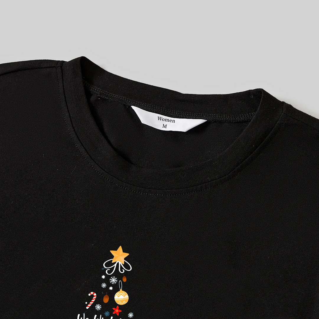 "We Wish You a Merry Christmas" Printed Pattern Black Long Sleeve Top with Red & Green & White Plaid Family Matching Pajamas