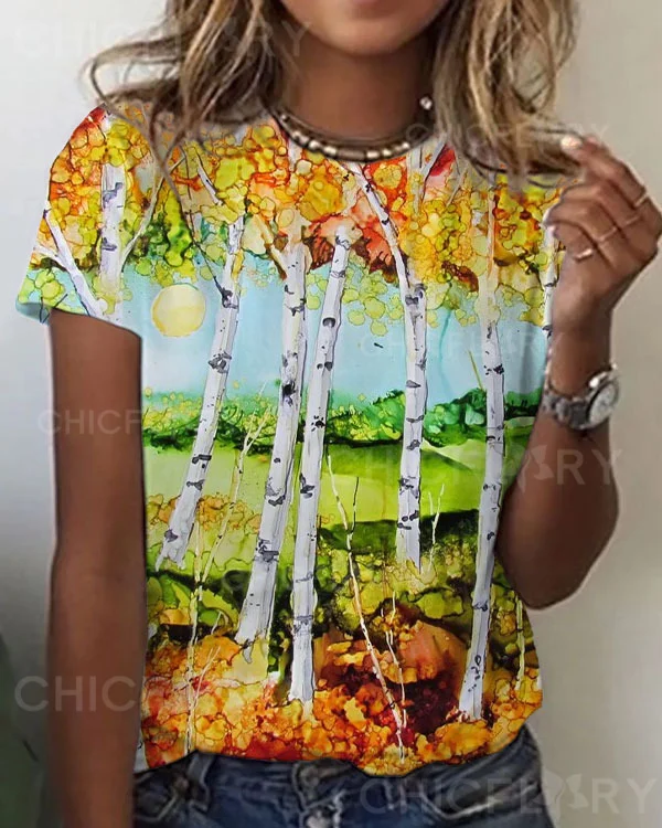 Women's Floral Trees Abstract Pattern Crew Neck T-shirt