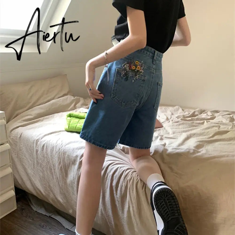 Blue Woman's Jean Shorts High Waist Summer Wide Leg Pants Baggy Chic Design Streetwear Embroidery Fashion Straight Denim Shorts Aiertu