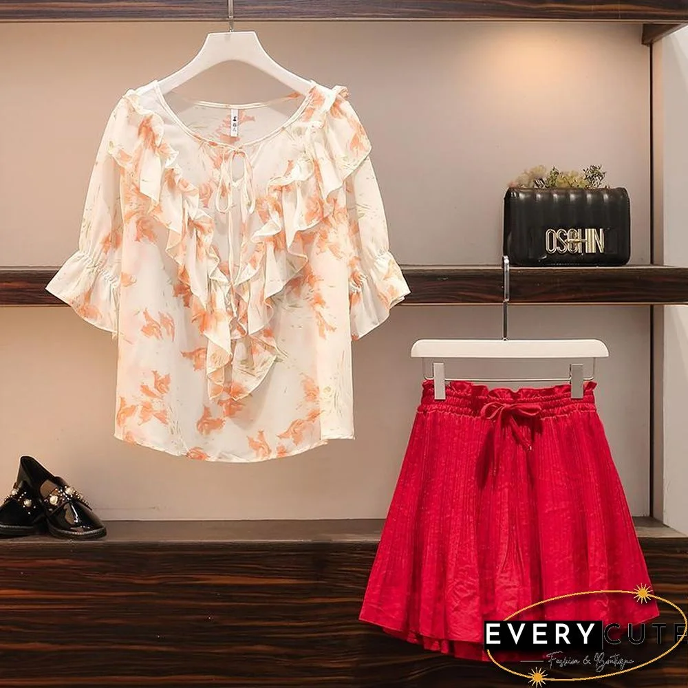 Pastoral Floral Chiffon Blouse + High Waist Shorts P13851
