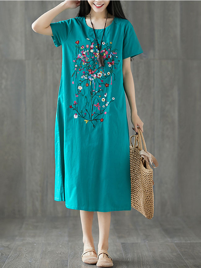 Short Sleeve Loose Summer Dress Soft Cotton Linen Fashion Embroidery Floral Women Casual Dress