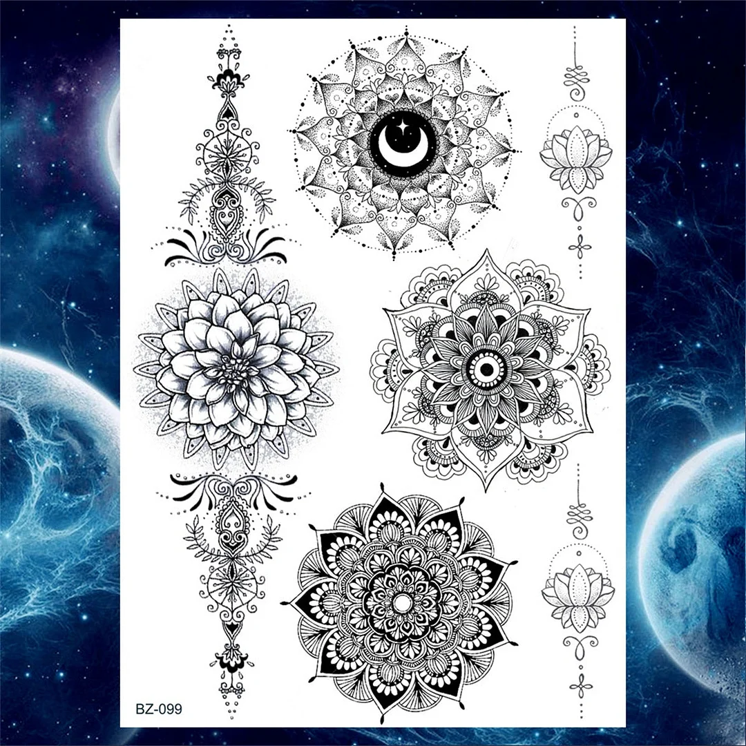 Mandala Flower Temporaray Tattoos For Women Adults Tribal Henna Tattoo Sticker Black Lace Dreamcatcher Fake Tatoos Legs Hands