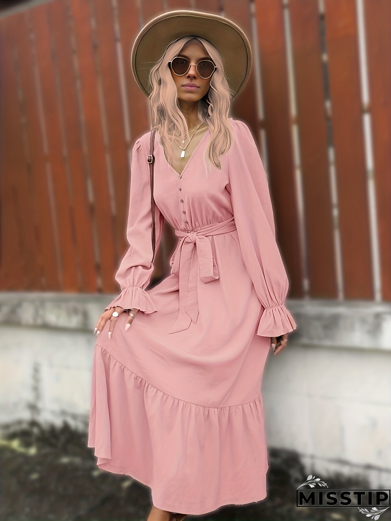 Solid Simple Dress, Elegant V Neck Long Sleeve Maxi Dress, Women's Clothing
