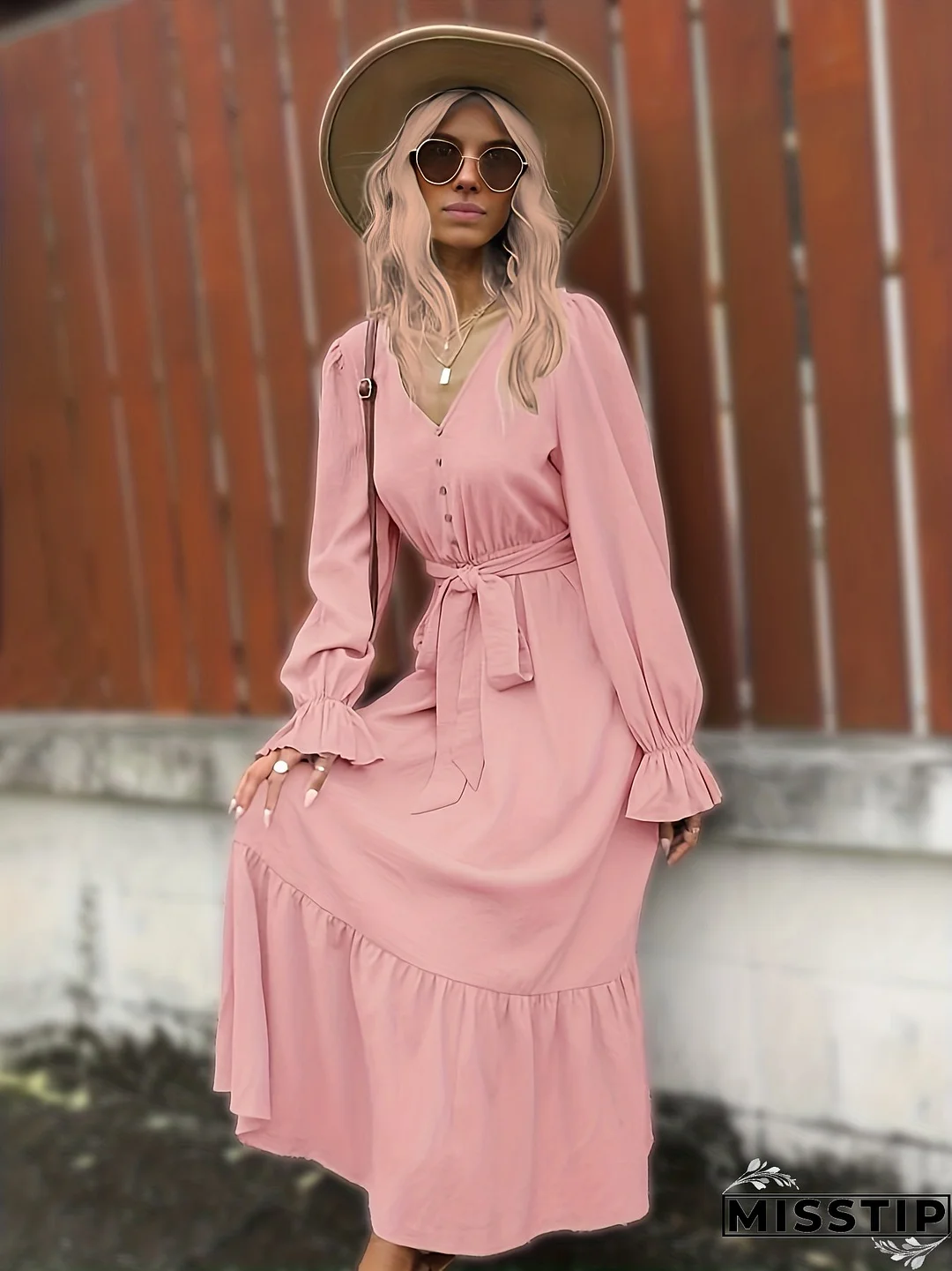 Solid Simple Dress, Elegant V Neck Long Sleeve Maxi Dress, Women's Clothing