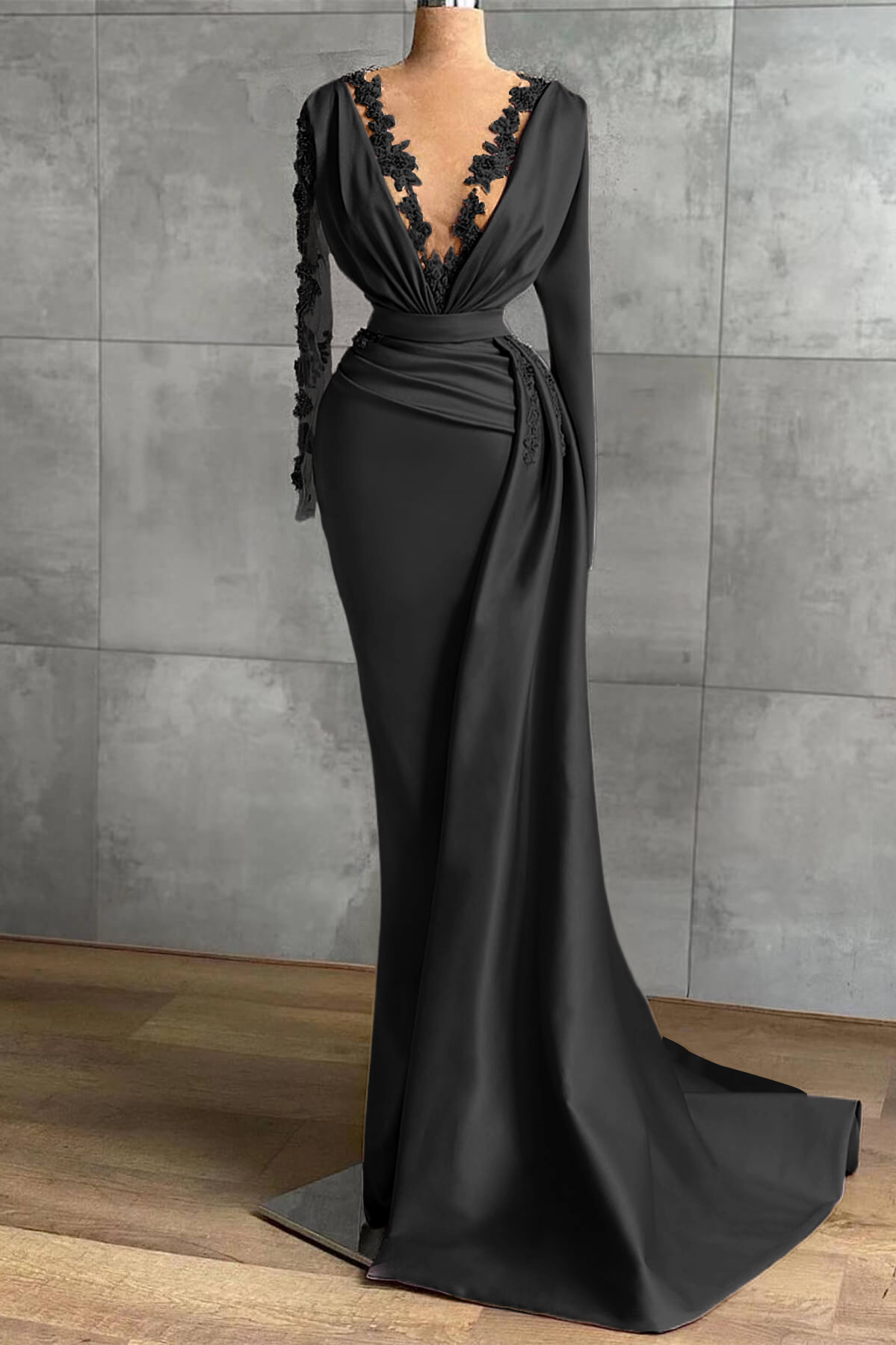 Lvs&Broner V Neck Ruffles Long Prom Dress Applique Mermaid With Long Sleeves