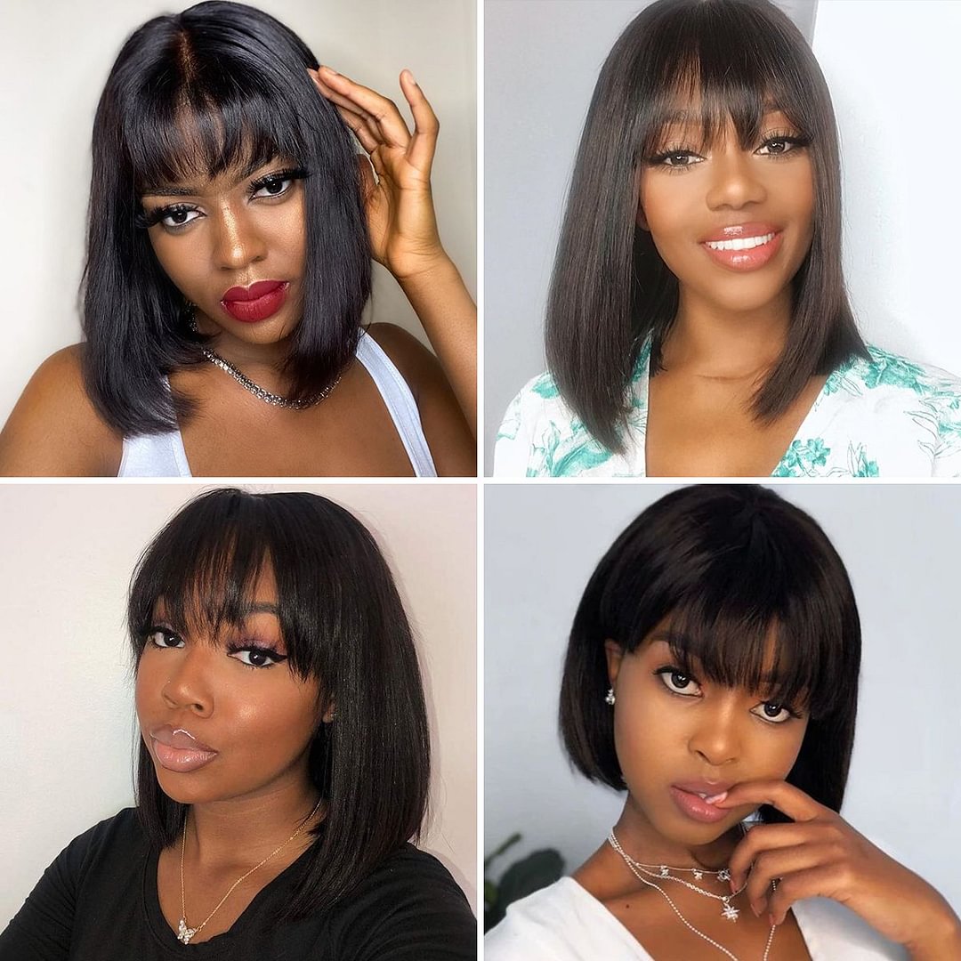 Glueless Wig With Elastic Belt|🔥4*4 Lace Closure Natural Hairline Real Short Straight Wig With Bangs US Mall Lifes