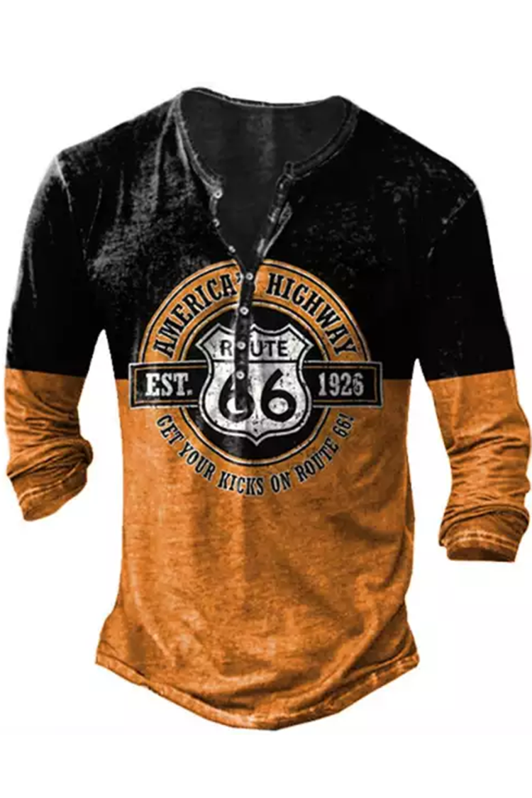 Tiboyz Men's Route 66 Colorblock Print Long Sleeve T-Shirt