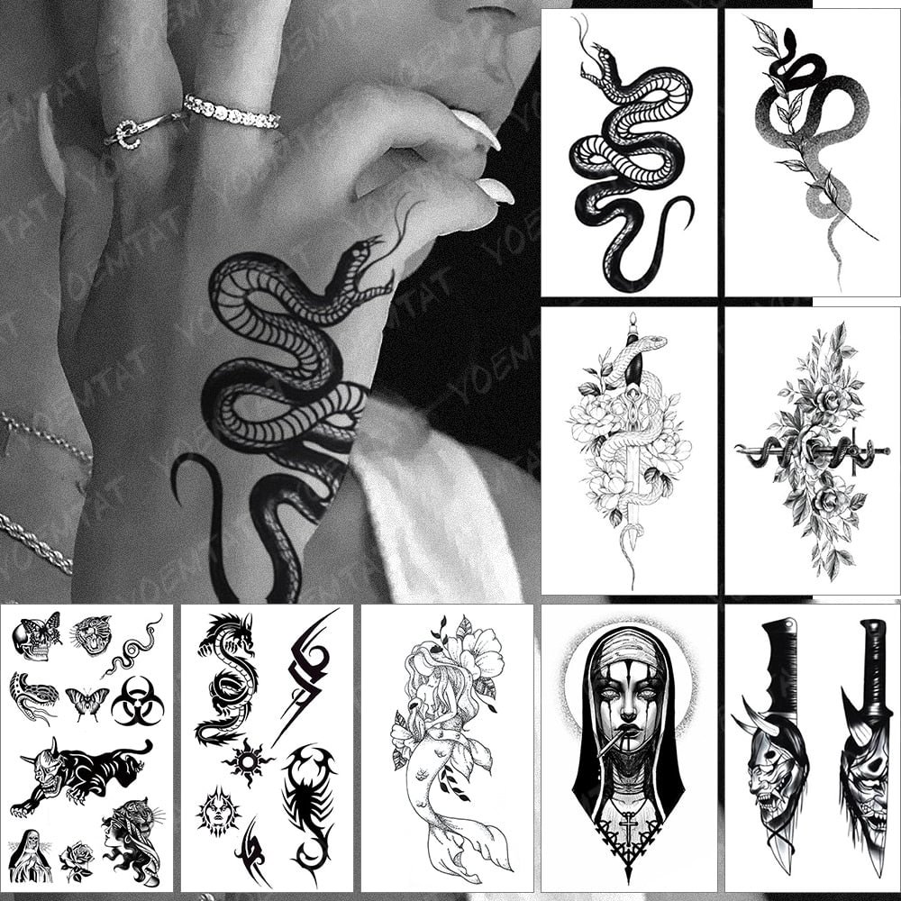 Black Snake Waterproof Temporary Tattoo Stickers Butterfly Scorpion Wolf Prajna Old School Tattoos Women Body Art Fake Tatto Men