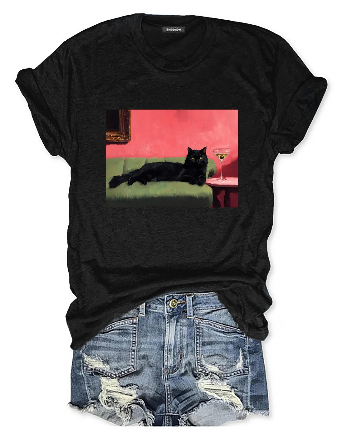 Black Cat With Martini Art T-shirt
