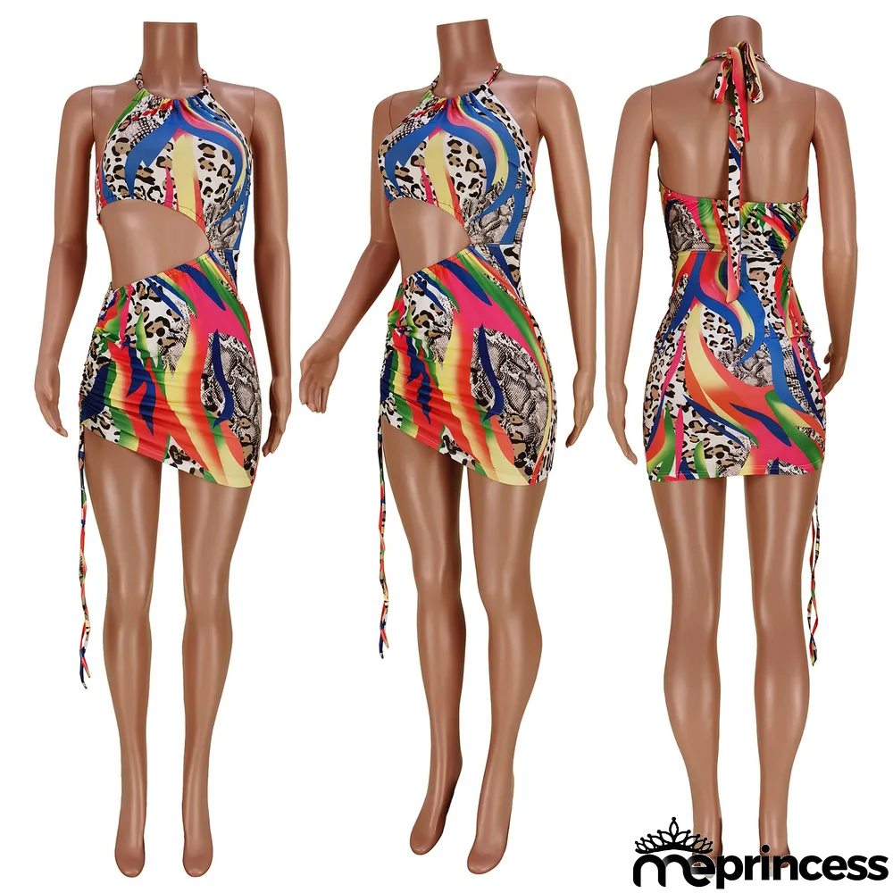 Sexy Print Halter Hollow Mini Dress