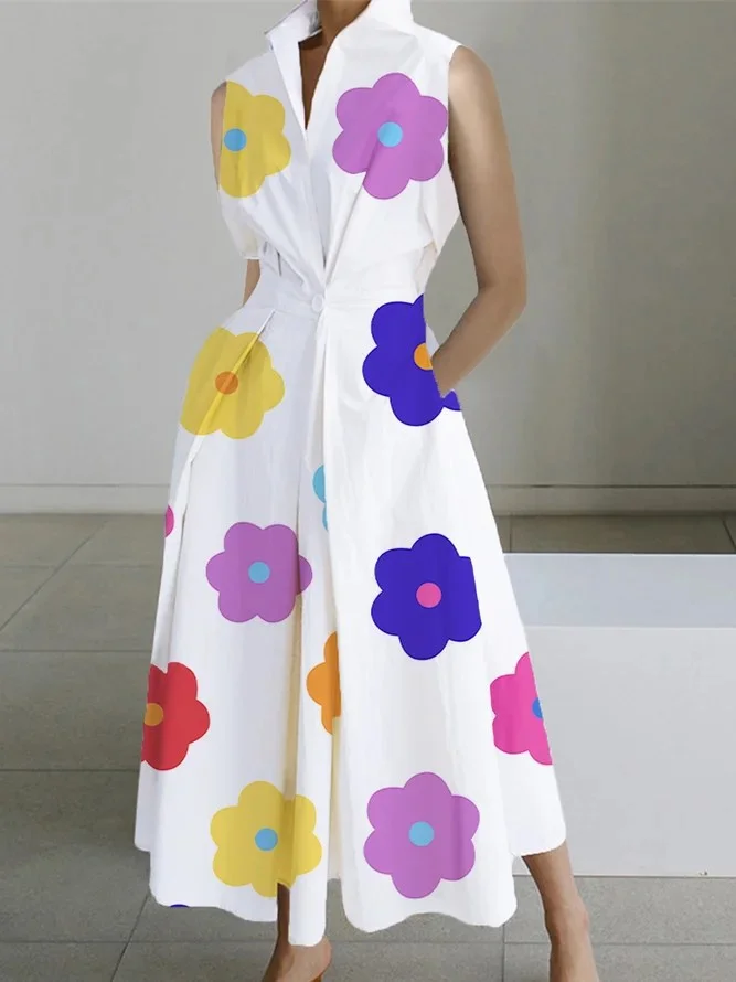 Sleeveless Solid Color Lapel Midi Dresses socialshop