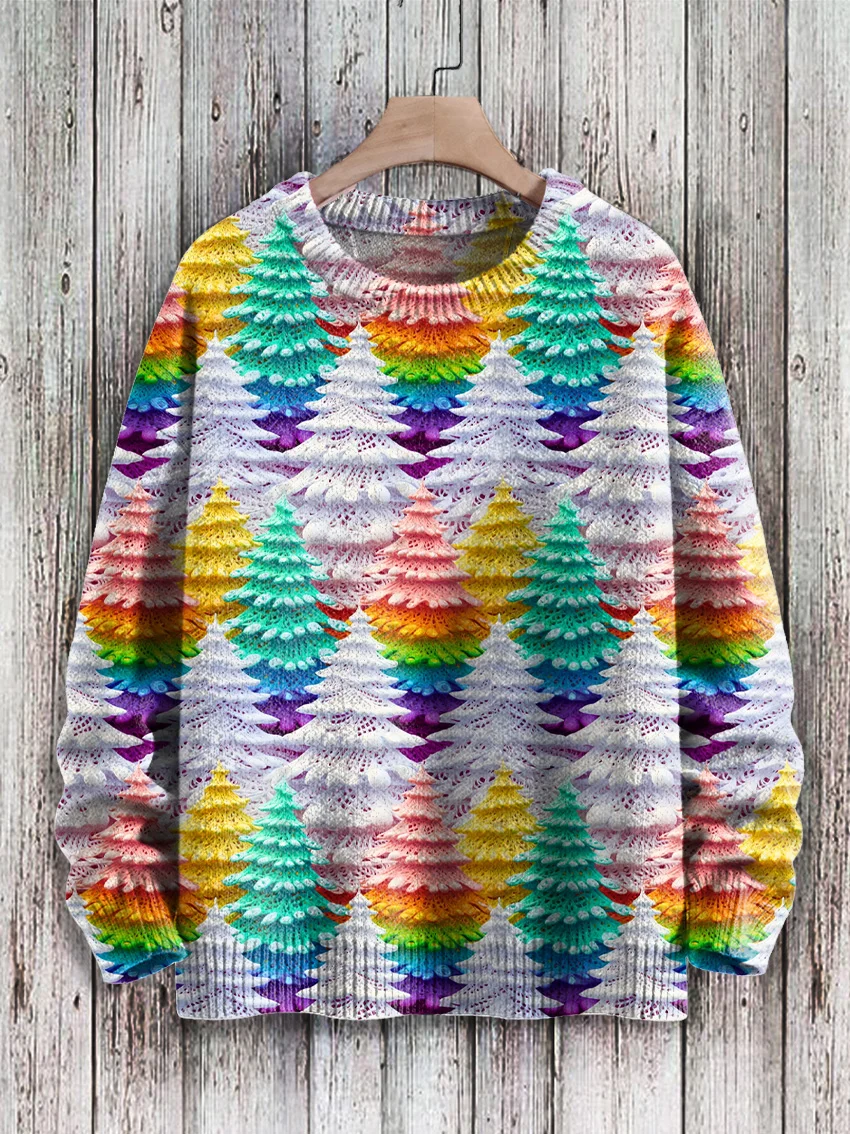 Rainbow Color Christmas Tree Print Knit Pullover Sweater