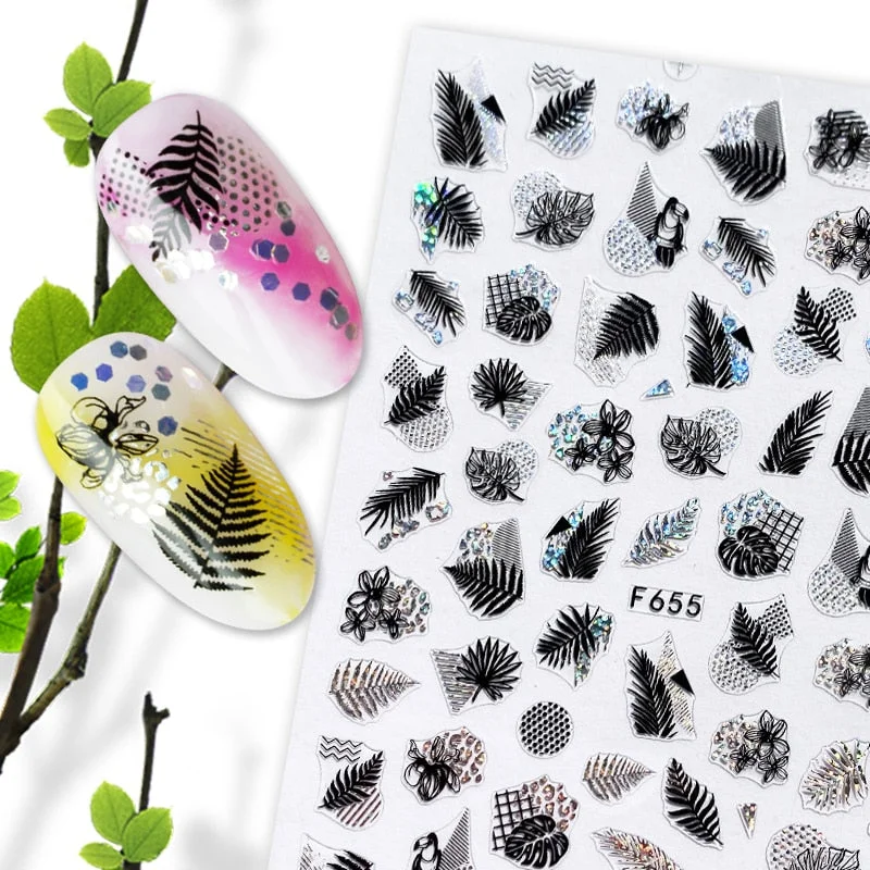 Summer Design 3D Stickers For Nails iridescent Black Gold Flower Leaf Series Decorations Sliders Nail Art Sticker Decals