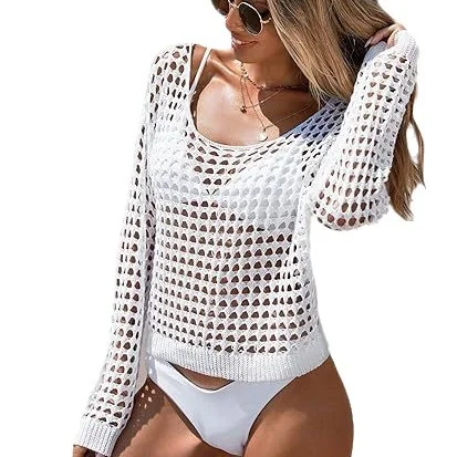 Woherb Woherb New Women's Sexy Loose Sleeve Big Collar Knit Hollow See-Through Beach Sunscreen Bikini-Outfit Ideas