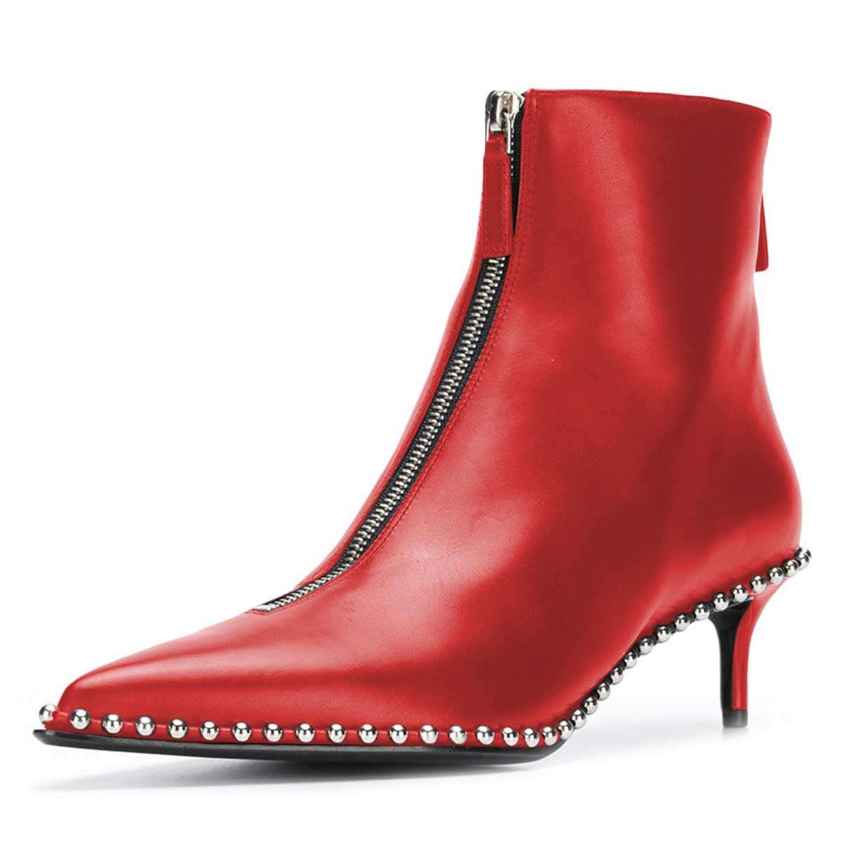 Red Pointed Toe Front Zipper Bead Trim Kitten Heel Ankle Boots
