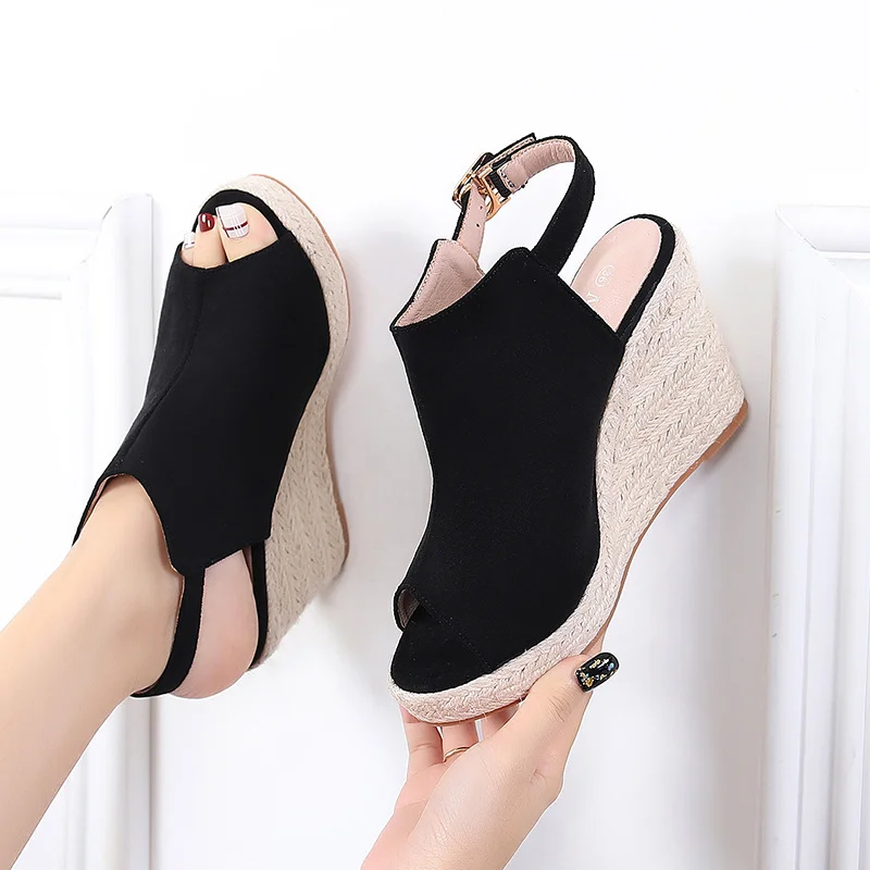 Wongn Wongn Platform High Heel Fish Mouth Sandals One-Line Button Sandals Large Size Shoe Suede