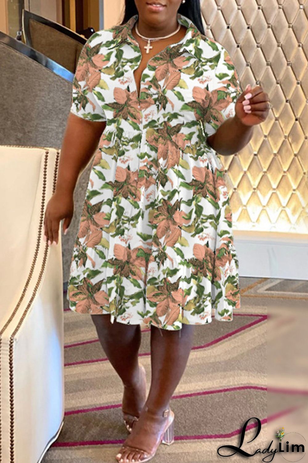 Purple Casual Print Patchwork Fold Turndown Collar A Line Plus Size Dresses