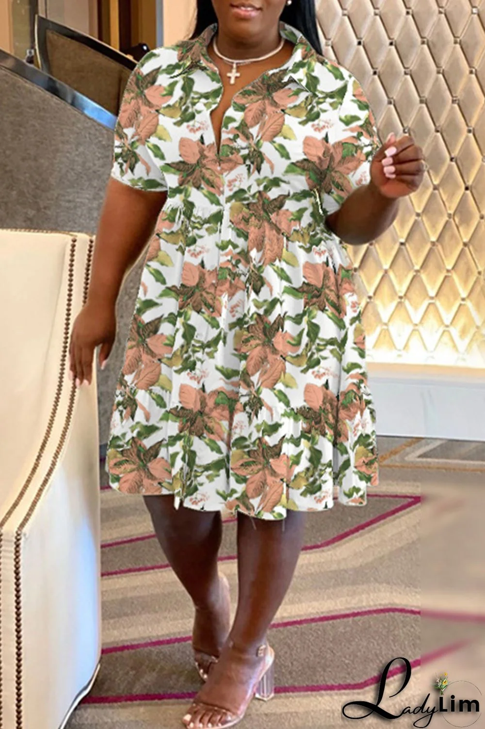 Purple Casual Print Patchwork Fold Turndown Collar A Line Plus Size Dresses