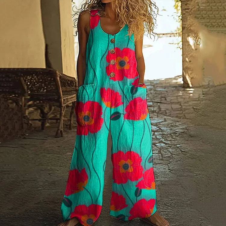 Women's Vintage Poppy Print Casual Wide Leg Jumpsuit