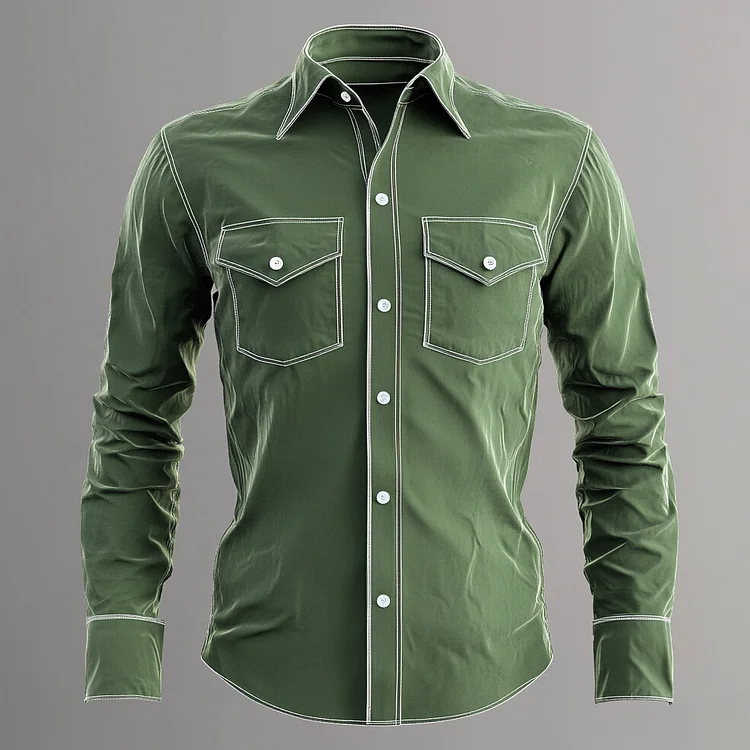 Men's Turndown Collar Button Flap Pocket Contrast Stitch Long Sleeve Shirt