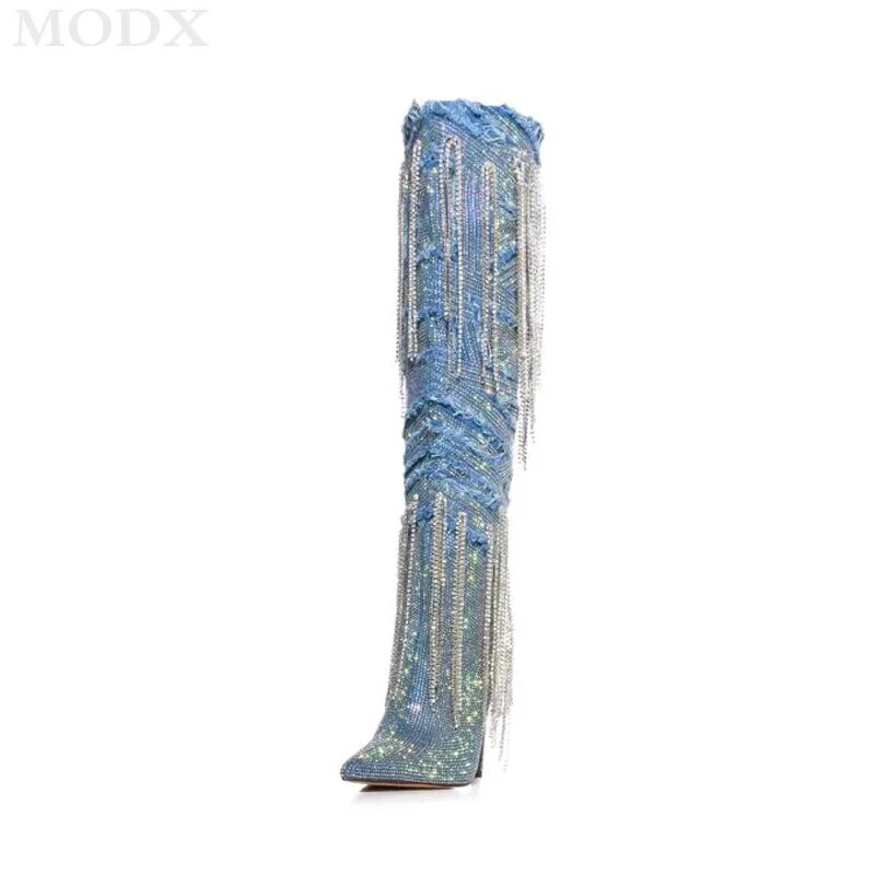 VCSHOES Denim Fabric Crystal Fringe Western Cowboy Boots Rhinestone Embellished Pointed Toe Stiletto Knee High Boots