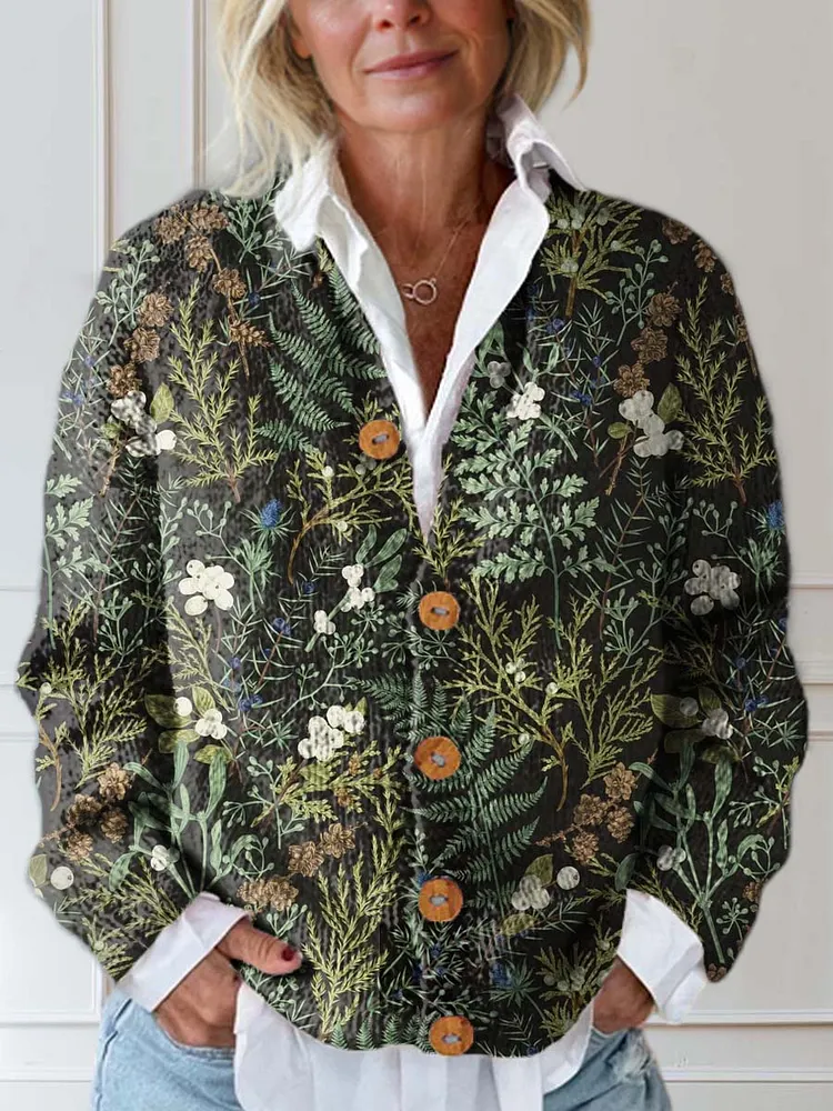 Women's Vintage Floral Art Print Buttoned Cardigan Sweater