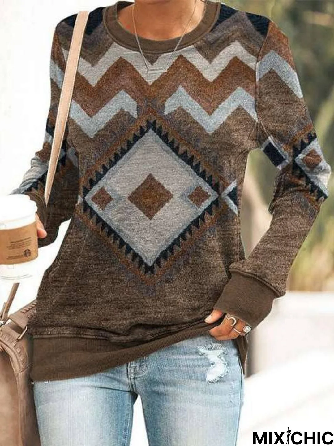 Casual Long Sleeve Crew Neck Printed Tunic Sweatshirt