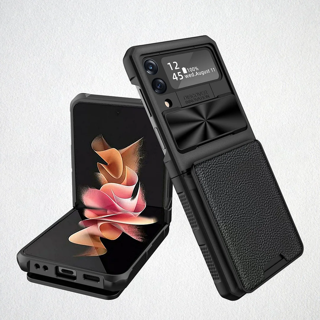 Anti-drop Leather Phone Case With Detachable Magnetic Cards Slot,Hinge,Lens Push Protetive Cover For Galaxy Z Flip4