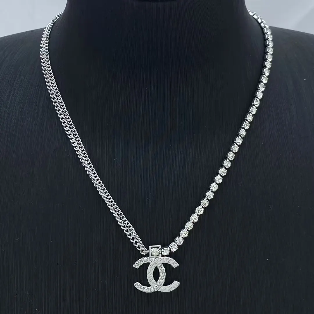 Chanel Half Rhinestone Chain Half Cuban Chain Necklace
