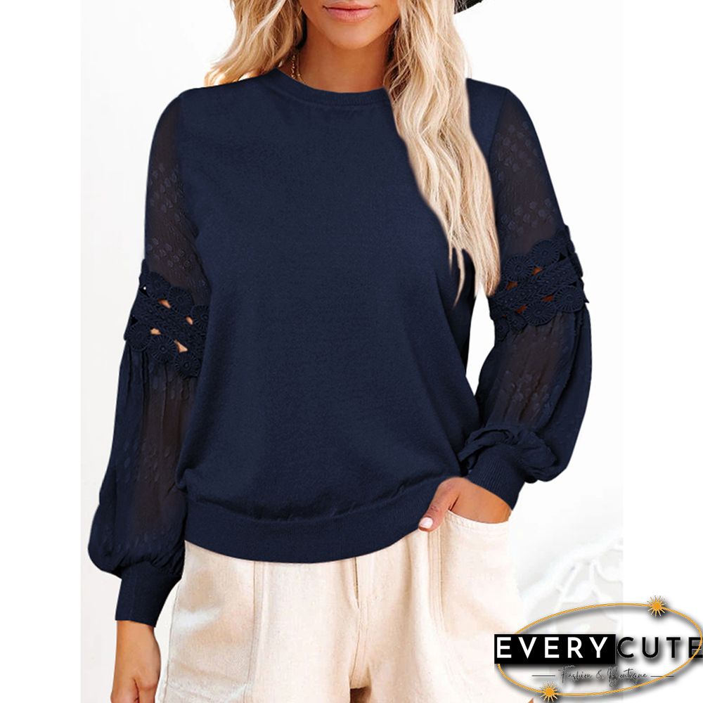 Navy Blue Splicing Hollow-out Lantern Sleeve Tops