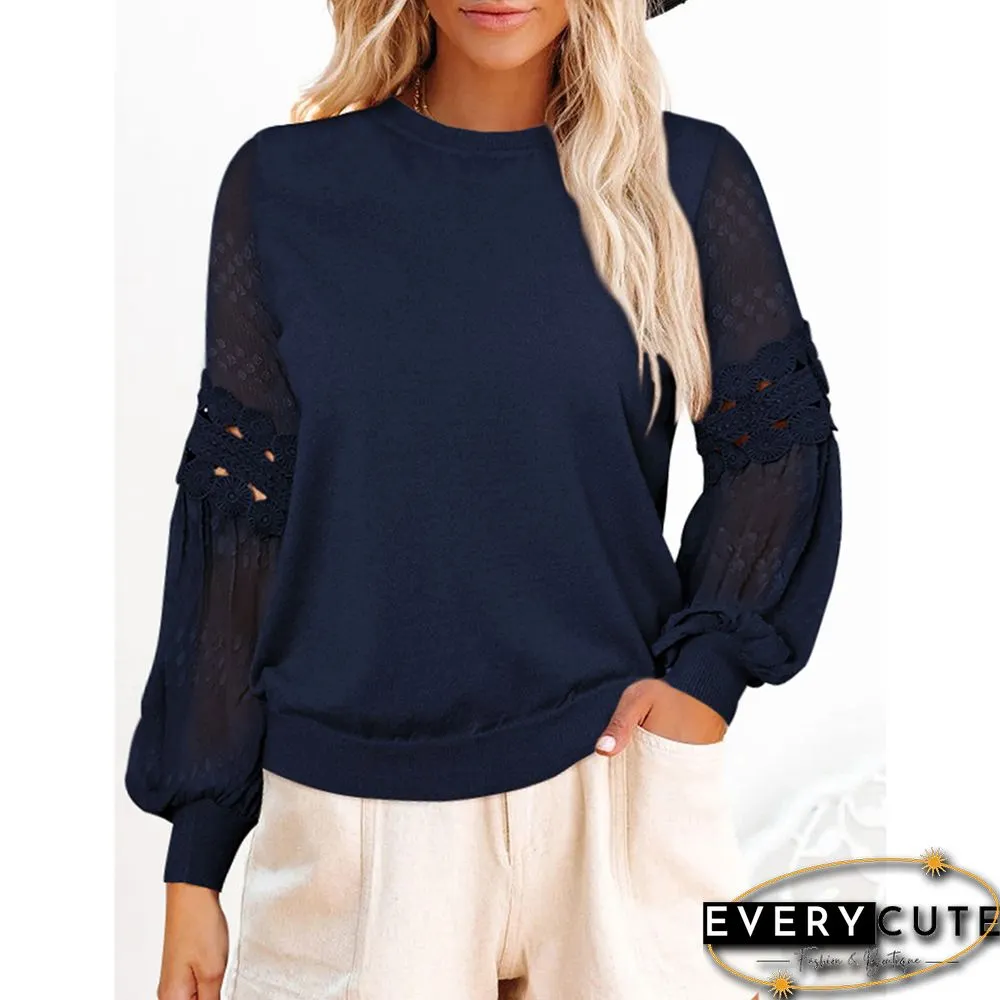 Navy Blue Splicing Hollow-out Lantern Sleeve Tops