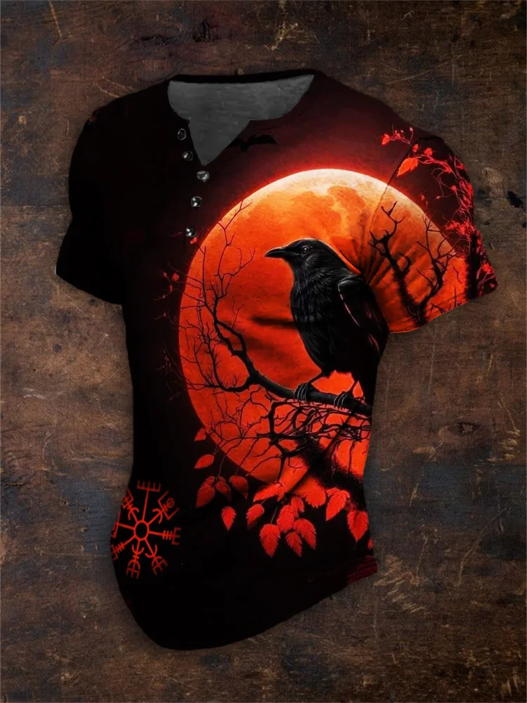 Broswear Men's Viking Vegvisir Full Moon Night Raven Henley Shirt