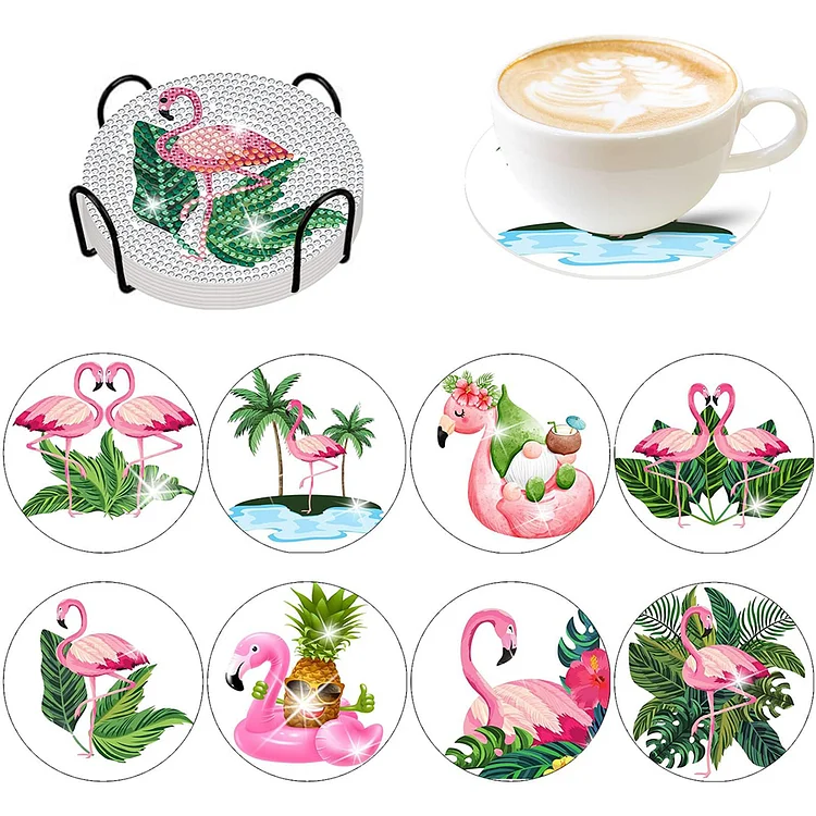 8 PCS Acrylic Skull Flower Flamingo Diamond Painting Art Coaster Kit with Holder