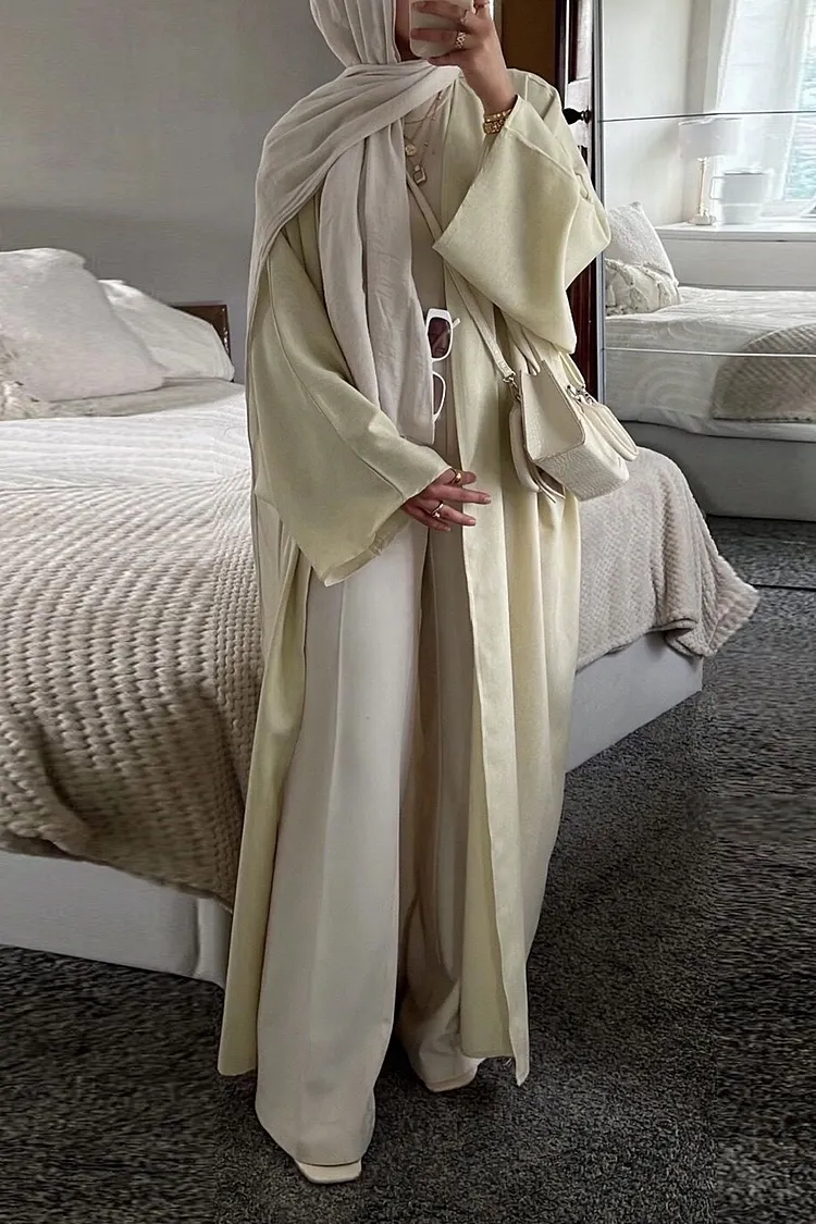 Solid Color Open Front Batwing Sleeve Casual Abaya Long Cardigan